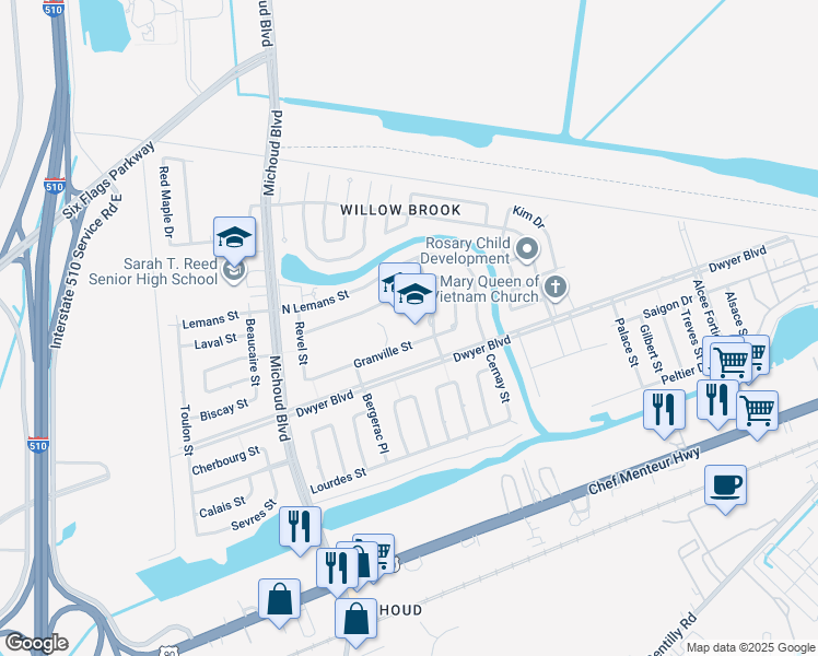 map of restaurants, bars, coffee shops, grocery stores, and more near 5100 Cannes Street in New Orleans