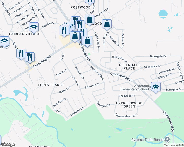 map of restaurants, bars, coffee shops, grocery stores, and more near 5543 Ashgate Drive in Spring