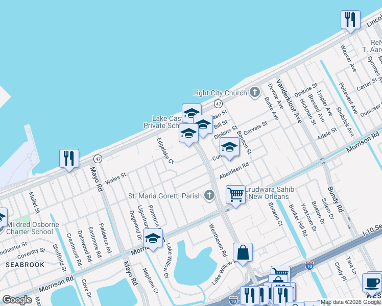 map of restaurants, bars, coffee shops, grocery stores, and more near 8010 Crowder Boulevard in New Orleans
