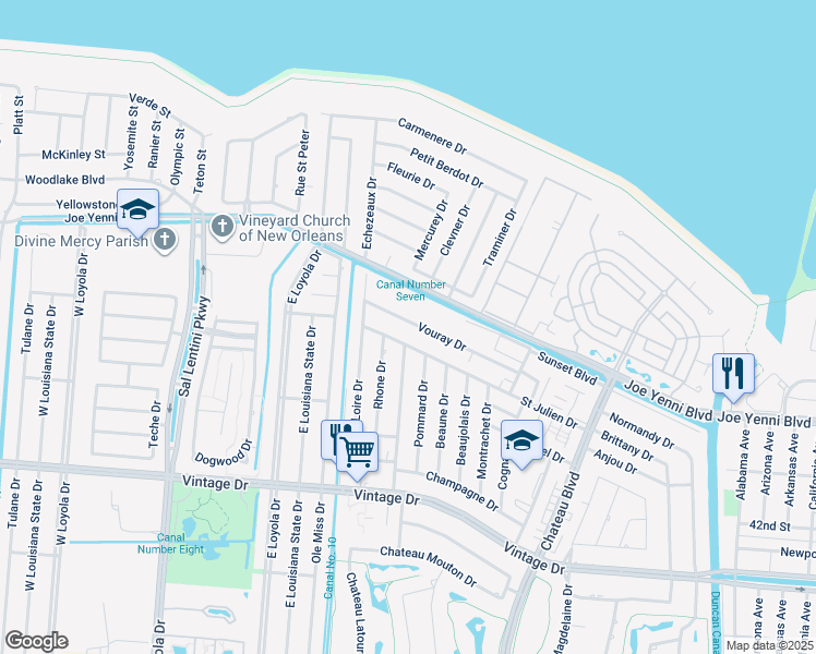 map of restaurants, bars, coffee shops, grocery stores, and more near 620 Vouray Drive in Kenner