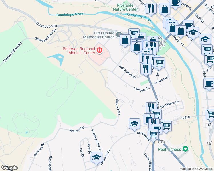 map of restaurants, bars, coffee shops, grocery stores, and more near 200 Lehmann Drive in Kerrville
