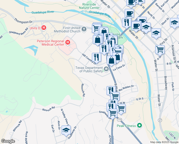 map of restaurants, bars, coffee shops, grocery stores, and more near 170 Lehmann Drive in Kerrville