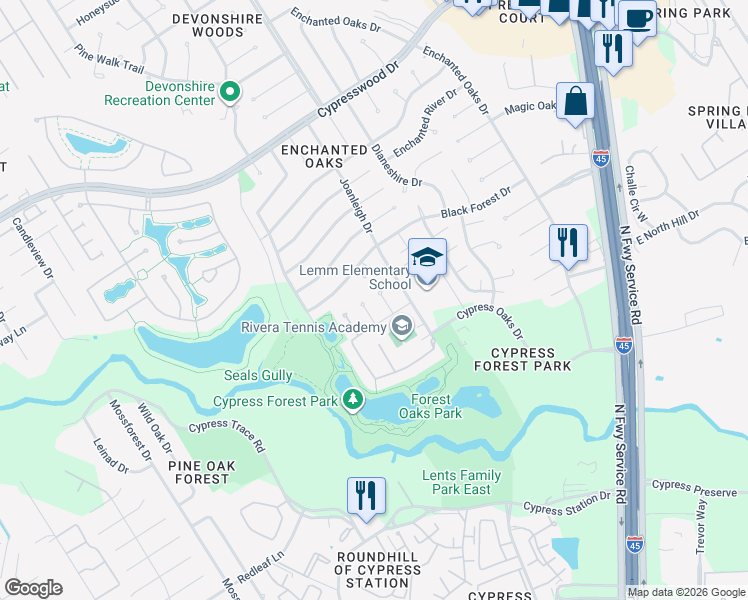 map of restaurants, bars, coffee shops, grocery stores, and more near 131 Kelly Kay Court in Spring