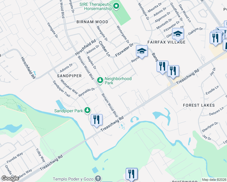 map of restaurants, bars, coffee shops, grocery stores, and more near 4407 Donalbain Drive in Spring