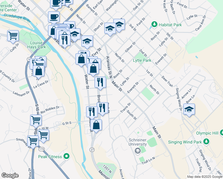 map of restaurants, bars, coffee shops, grocery stores, and more near 425 C Street in Kerrville