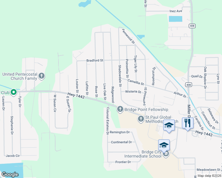 map of restaurants, bars, coffee shops, grocery stores, and more near 175 Ridgewood in Bridge City