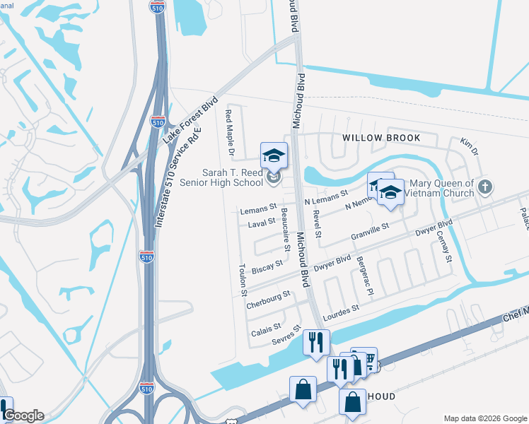 map of restaurants, bars, coffee shops, grocery stores, and more near 1311 Lemans Street in New Orleans