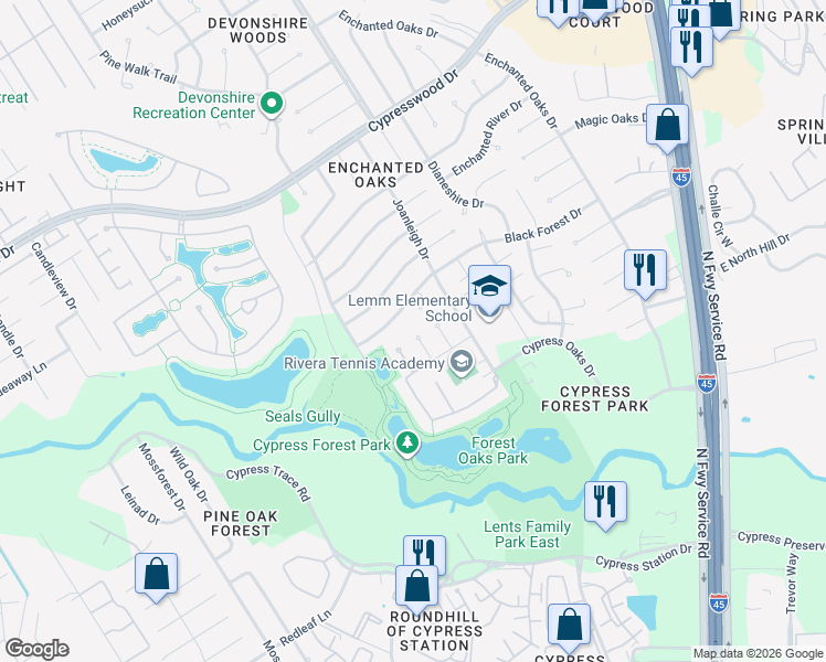 map of restaurants, bars, coffee shops, grocery stores, and more near 131 Kelly Kay Court in Spring