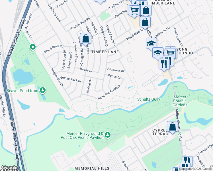 map of restaurants, bars, coffee shops, grocery stores, and more near 22822 Canyon Lake Drive in Spring