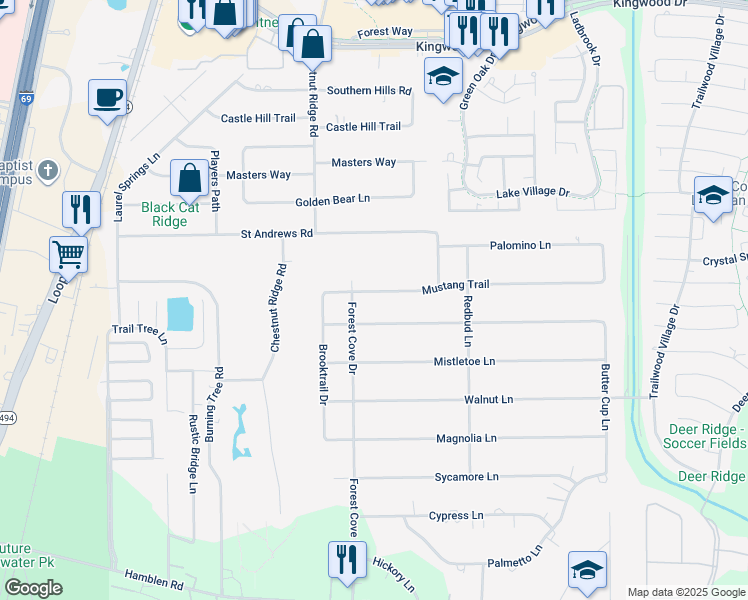 map of restaurants, bars, coffee shops, grocery stores, and more near 1211 Mustang Trail in Humble