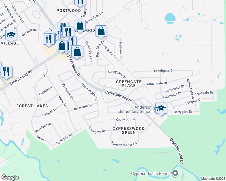 map of restaurants, bars, coffee shops, grocery stores, and more near 22402 Bellgate Court in Spring