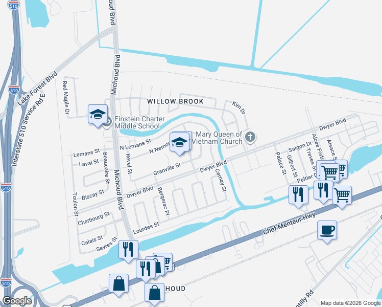 map of restaurants, bars, coffee shops, grocery stores, and more near 5136 East Nemours Street in New Orleans
