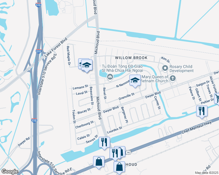 map of restaurants, bars, coffee shops, grocery stores, and more near 13450 North Lemans Street in New Orleans