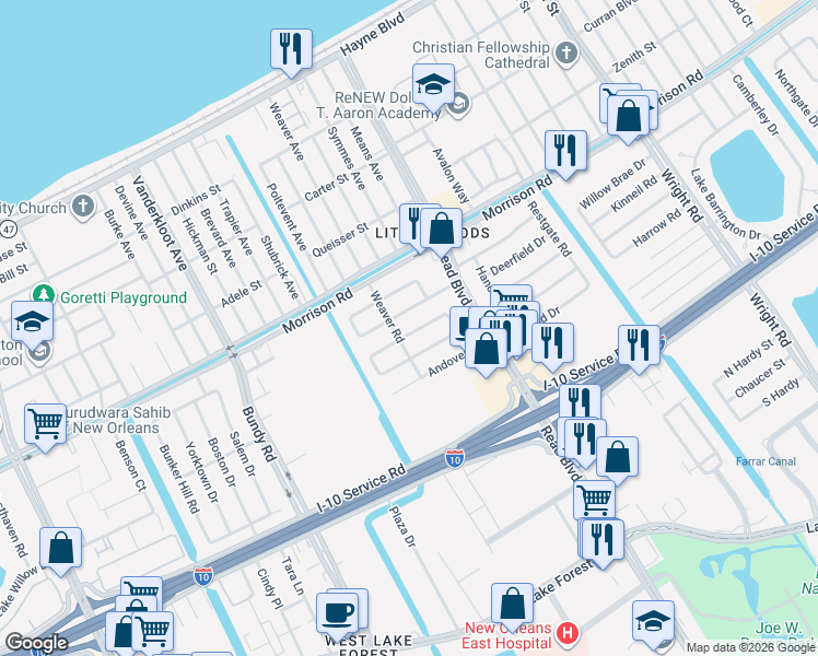 map of restaurants, bars, coffee shops, grocery stores, and more near 9961 East Rockton Circle in New Orleans