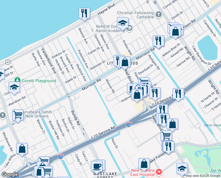 map of restaurants, bars, coffee shops, grocery stores, and more near 9961 East Rockton Circle in New Orleans