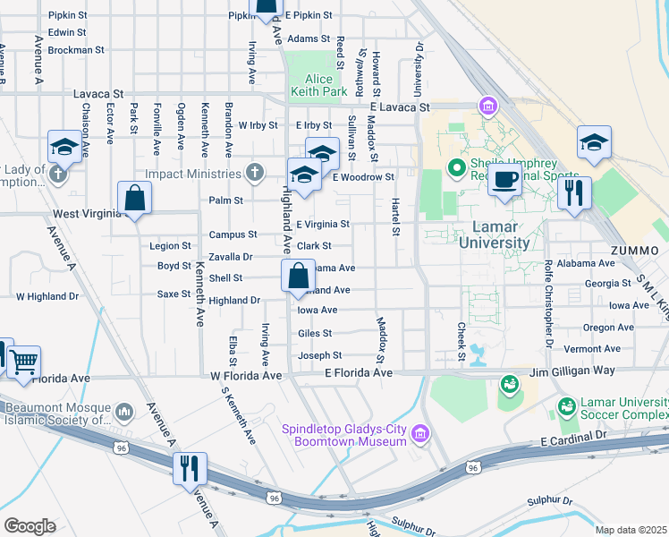map of restaurants, bars, coffee shops, grocery stores, and more near 345 Alabama Avenue in Beaumont
