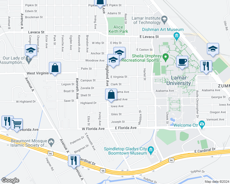 map of restaurants, bars, coffee shops, grocery stores, and more near 195 Alabama Avenue in Beaumont