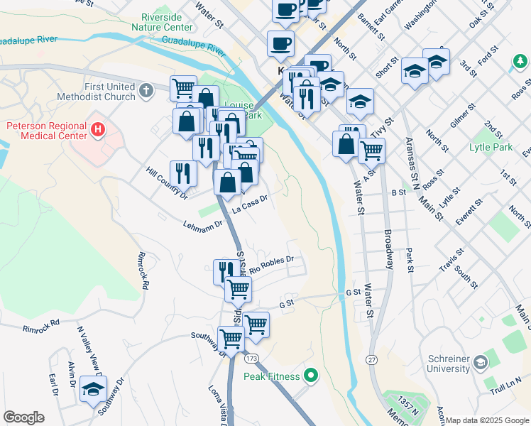 map of restaurants, bars, coffee shops, grocery stores, and more near 301 Sidney Baker Street South in Kerrville
