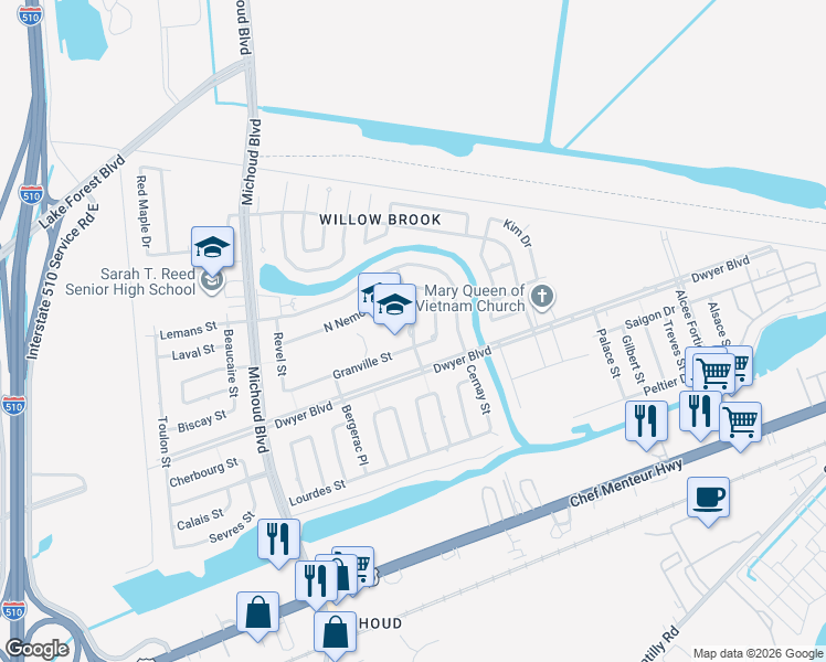 map of restaurants, bars, coffee shops, grocery stores, and more near 5136 East Nemours Street in New Orleans