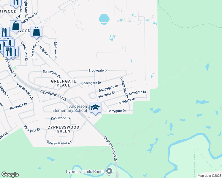 map of restaurants, bars, coffee shops, grocery stores, and more near 6506 Bridgegate Drive in Spring