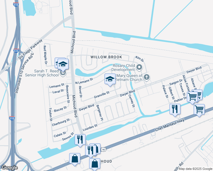 map of restaurants, bars, coffee shops, grocery stores, and more near 5100 Cannes Street in New Orleans