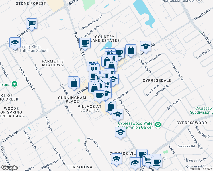 map of restaurants, bars, coffee shops, grocery stores, and more near 18518 Kuykendahl Road in Spring