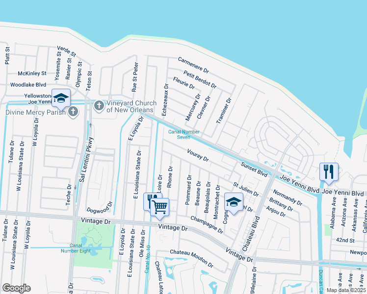 map of restaurants, bars, coffee shops, grocery stores, and more near 620 Vouray Drive in Kenner