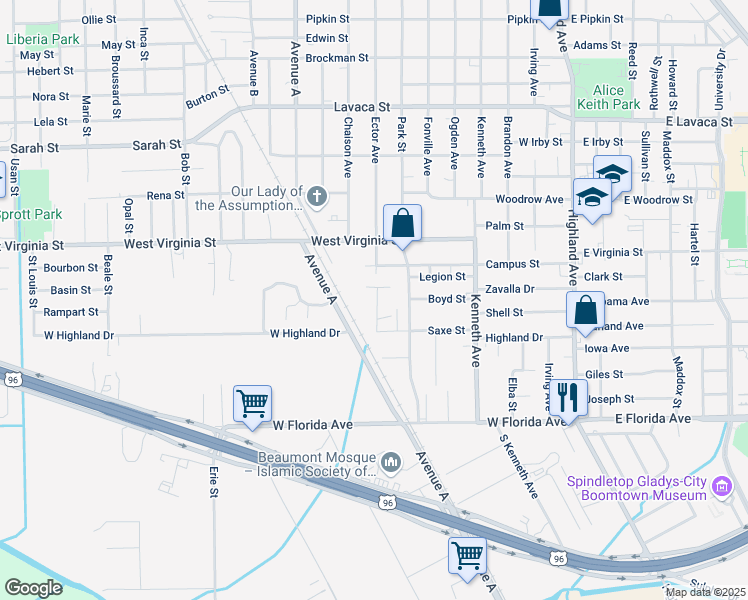 map of restaurants, bars, coffee shops, grocery stores, and more near 1280 Saxe Street in Beaumont