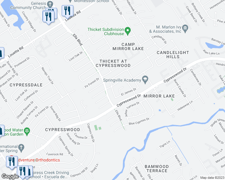 map of restaurants, bars, coffee shops, grocery stores, and more near Brackenfield Drive in Spring