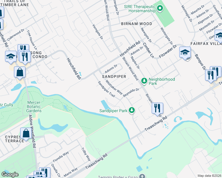 map of restaurants, bars, coffee shops, grocery stores, and more near 3906 Monteith Drive in Spring