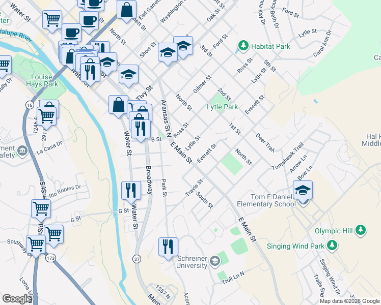 map of restaurants, bars, coffee shops, grocery stores, and more near 304 Lytle Street in Kerrville