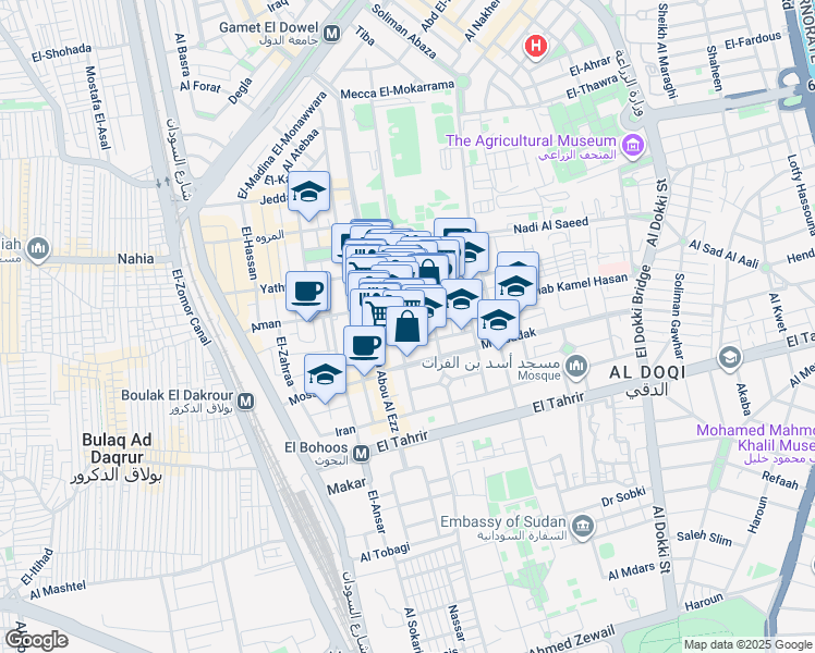 map of restaurants, bars, coffee shops, grocery stores, and more near El-Sahaba Mosque in Dokki
