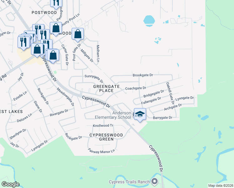 map of restaurants, bars, coffee shops, grocery stores, and more near 22419 Millgate Drive in Spring