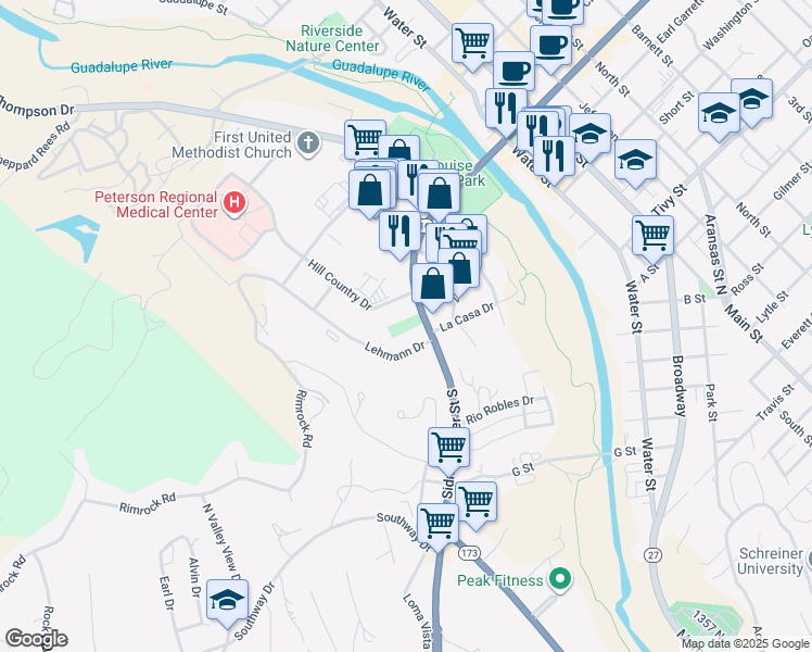 map of restaurants, bars, coffee shops, grocery stores, and more near 309 Sidney Baker Street South in Kerrville