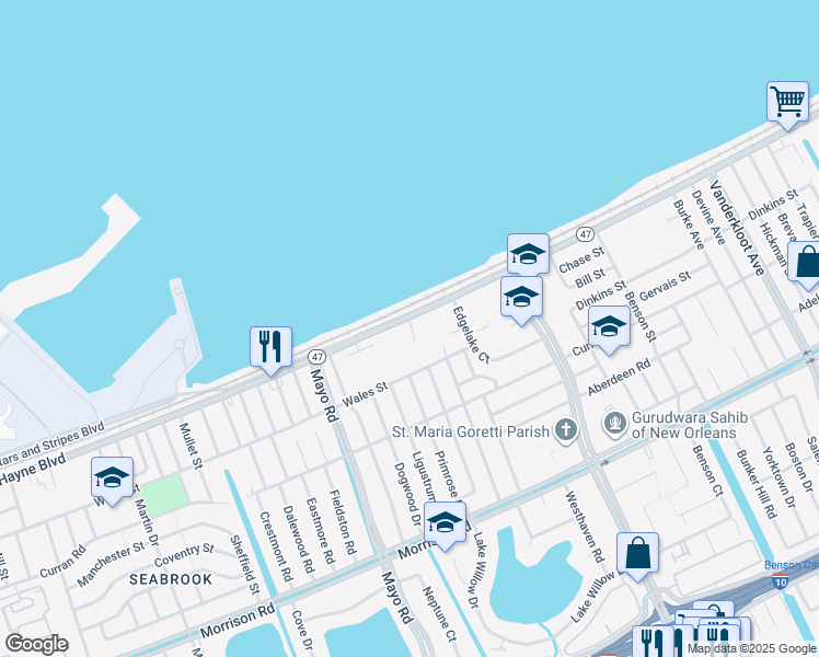 map of restaurants, bars, coffee shops, grocery stores, and more near 7912 Hayne Boulevard in New Orleans