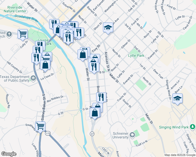 map of restaurants, bars, coffee shops, grocery stores, and more near 1200-1298 Highway 27 in Kerrville