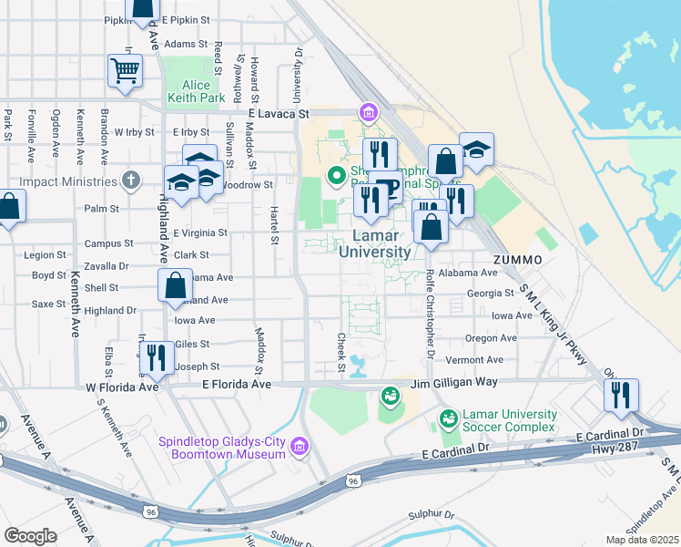 map of restaurants, bars, coffee shops, grocery stores, and more near 801 Alabama Avenue in Beaumont