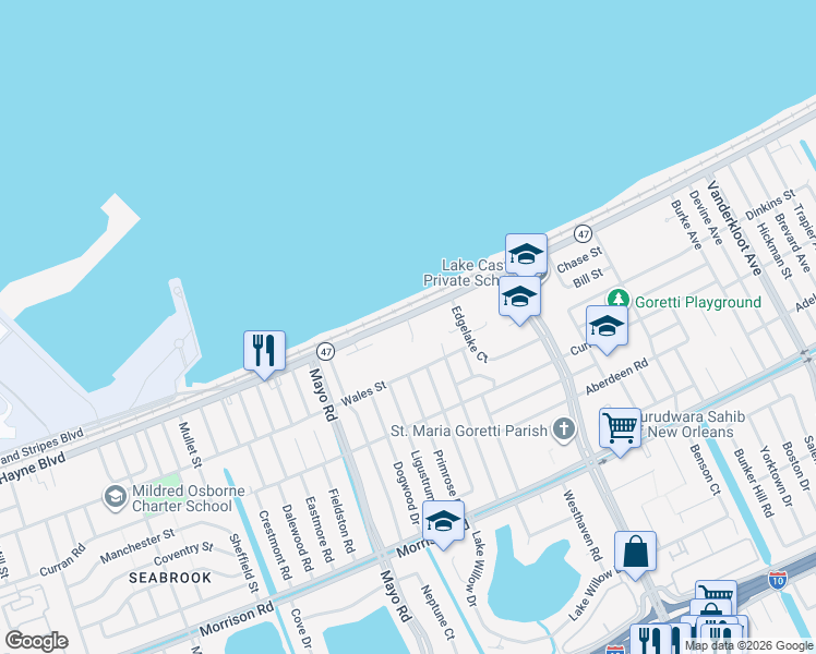 map of restaurants, bars, coffee shops, grocery stores, and more near 7912 Hayne Boulevard in New Orleans