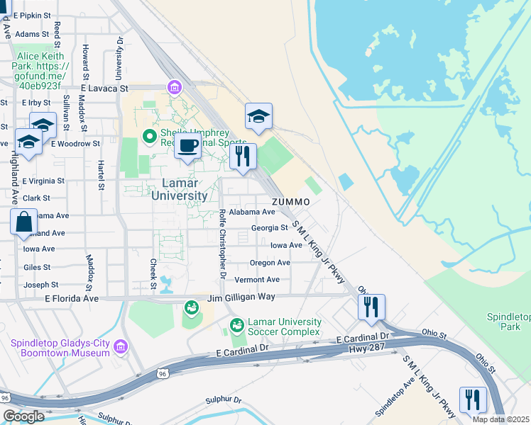 map of restaurants, bars, coffee shops, grocery stores, and more near 1095 Alabama Avenue in Beaumont