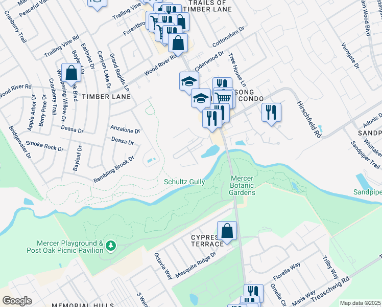 map of restaurants, bars, coffee shops, grocery stores, and more near 2800 Hirschfield Road in Spring