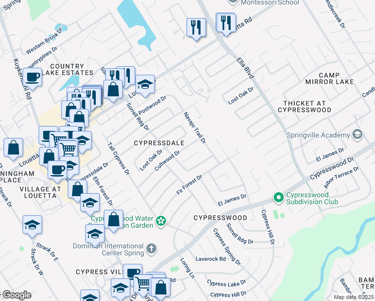 map of restaurants, bars, coffee shops, grocery stores, and more near 3819 Coltwood Drive in Spring