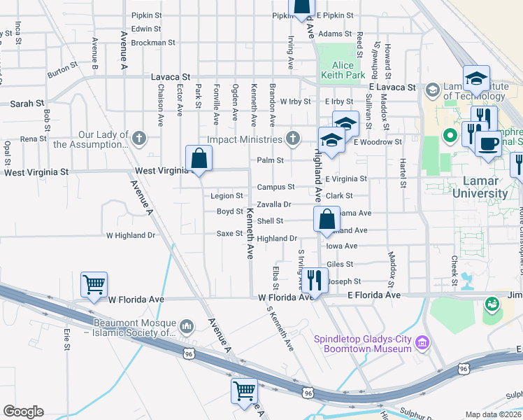 map of restaurants, bars, coffee shops, grocery stores, and more near 760 Zavalla Drive in Beaumont