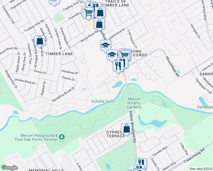 map of restaurants, bars, coffee shops, grocery stores, and more near 2800 Hirschfield Road in Spring