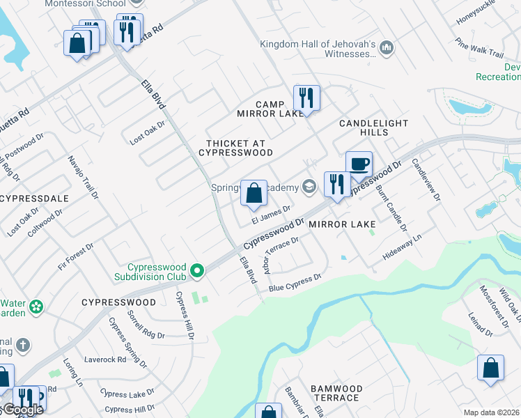 map of restaurants, bars, coffee shops, grocery stores, and more near 18411 Snowwood Drive in Spring