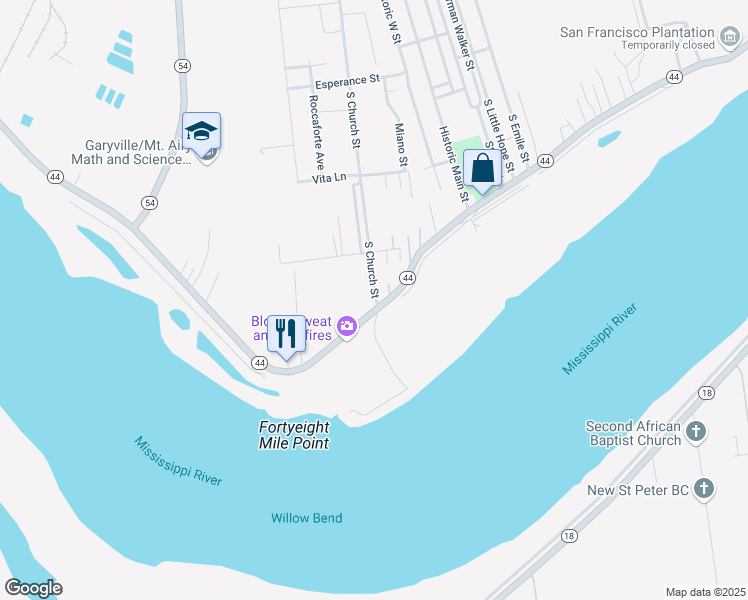 map of restaurants, bars, coffee shops, grocery stores, and more near 109 South Church Street in Garyville