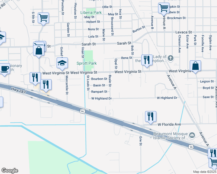 map of restaurants, bars, coffee shops, grocery stores, and more near 2140 Basin Street in Beaumont