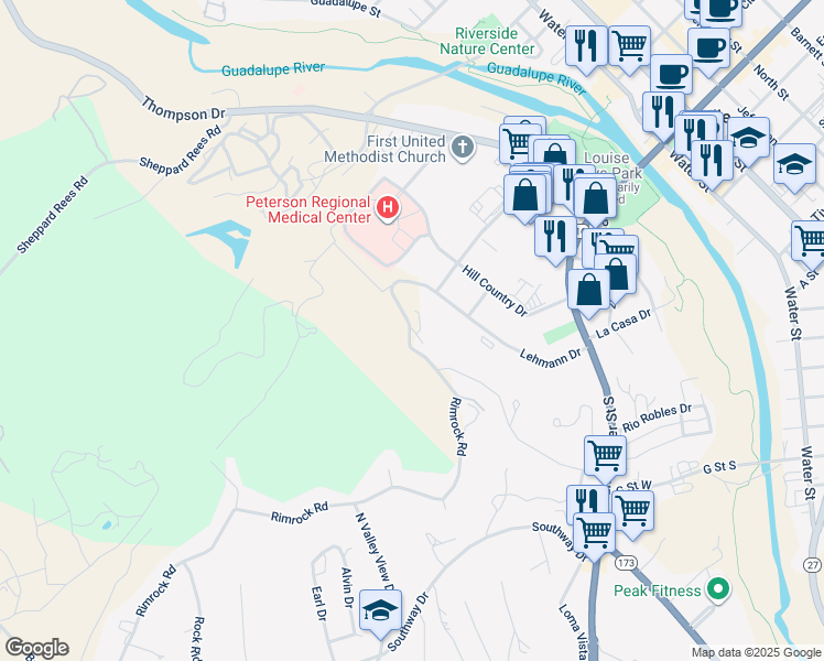 map of restaurants, bars, coffee shops, grocery stores, and more near 200 Lehmann Drive in Kerrville