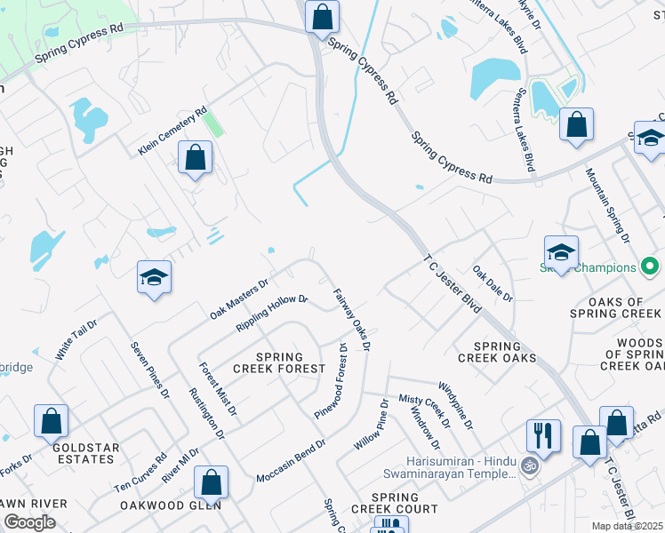 map of restaurants, bars, coffee shops, grocery stores, and more near 17702 Fairway Oaks Drive in Spring
