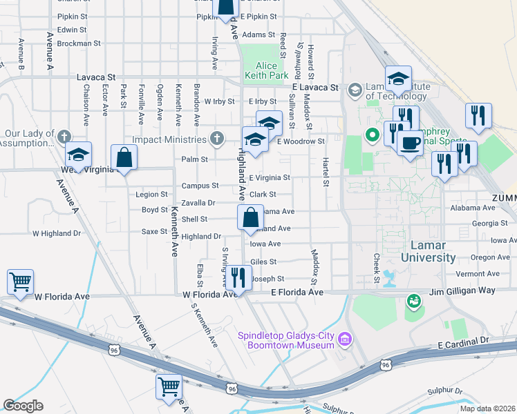 map of restaurants, bars, coffee shops, grocery stores, and more near 195 Alabama Avenue in Beaumont