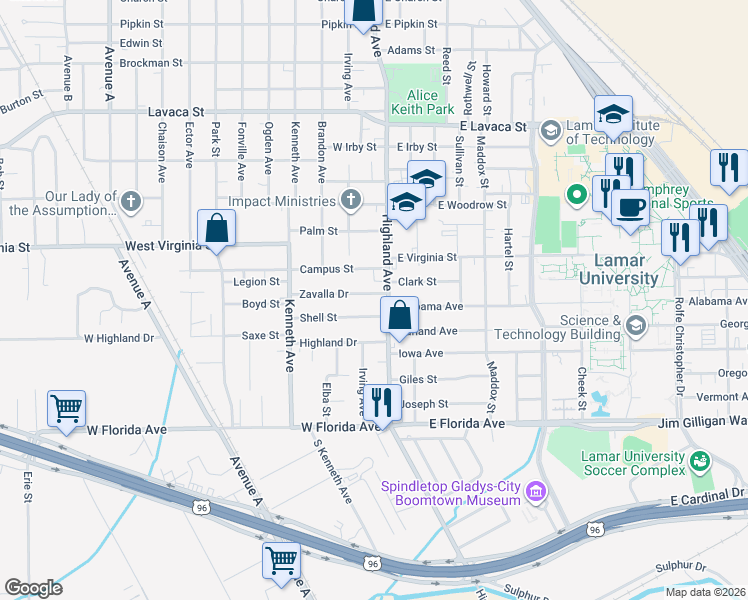 map of restaurants, bars, coffee shops, grocery stores, and more near 545 Zavalla Drive in Beaumont